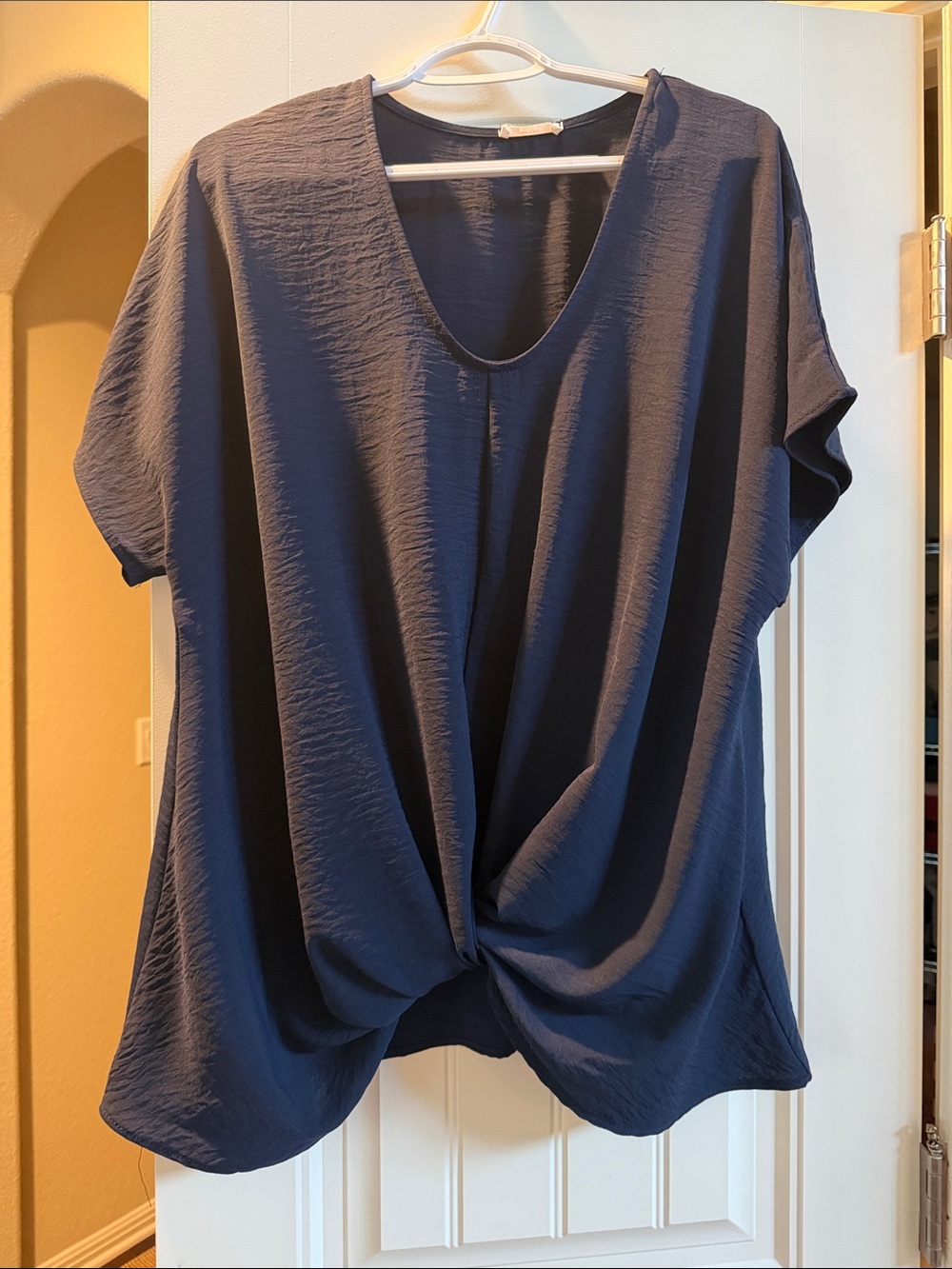 Chic Soul Navy Twist-Front Short Sleeve Blouse